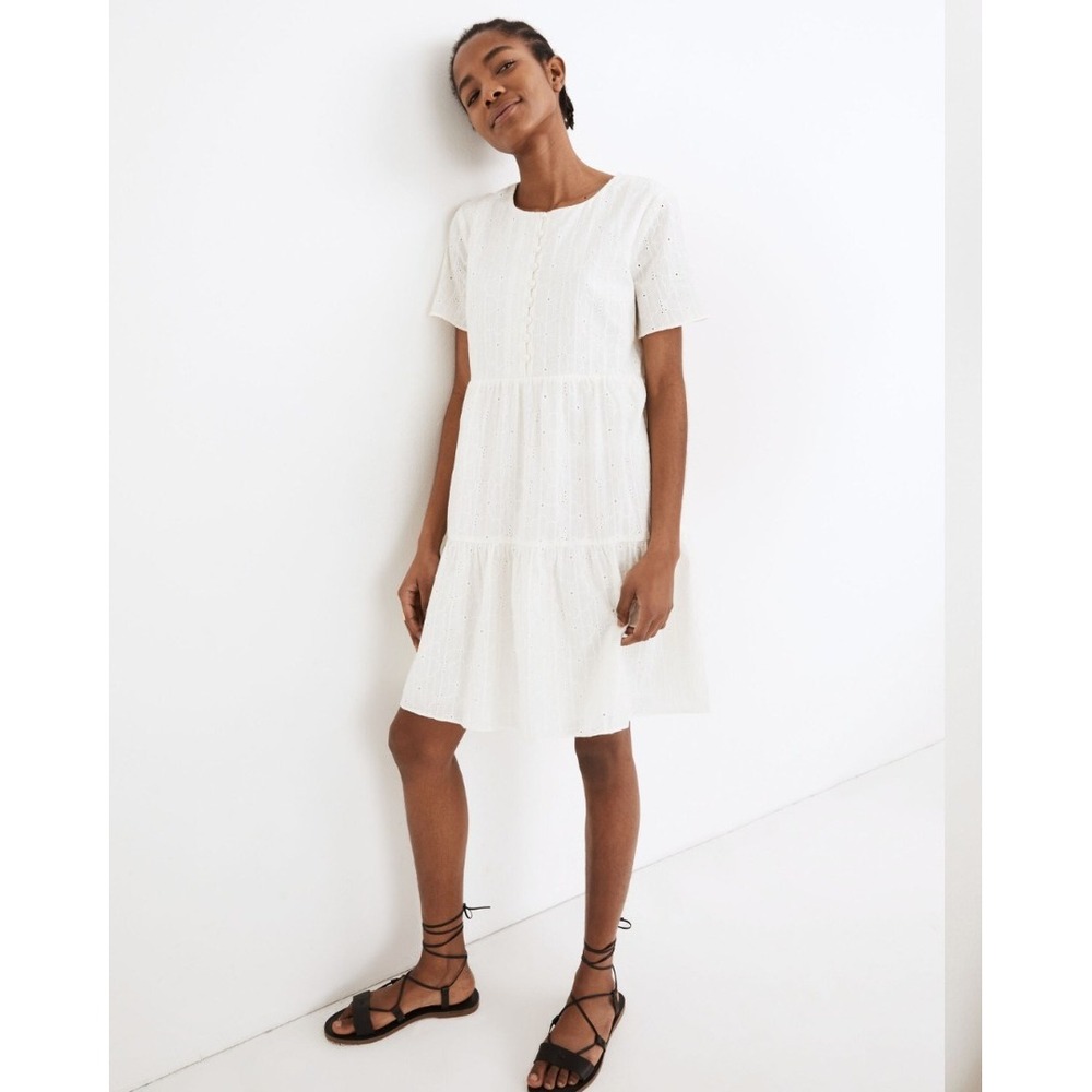 Madewell Embroidered Eyelet Button Front Tiered Mini Dress Lighthouse Ivory SP